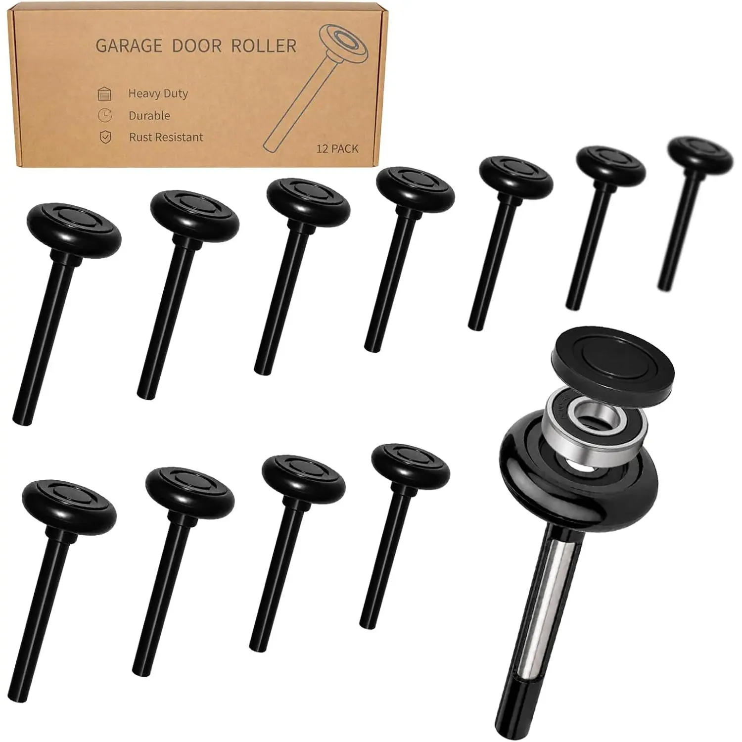 Nylon Garage Door Rollers 12 Pack, Quiet 2" Replacement for 2" Track Cuts noise 90%.Black finish.6200-2RS sealed bearings block dust & moisture.Heavy-duty stem, smooth for residential doors.