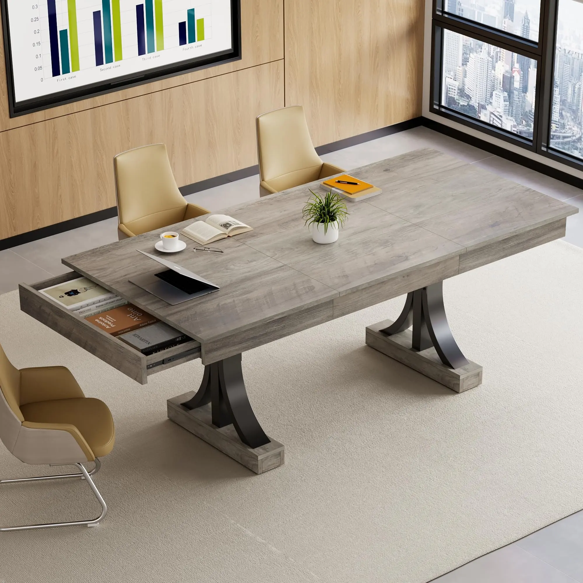 Garvee Rustic Gray 71-Inch Rectangular Double Pedestal Dining Table - Large Tabletop, Double Drawers, Sturdy Wood Frame, Seats 6-8 for Kitchen, Dining Room