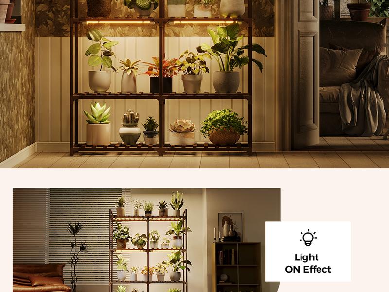 Bamworld 4-Tier Wooden Plant Stand with Grow Lights for Indoor Plants - Large Flower Holder Rack for Patio Living Room Balcony - Carbonized Eucalyptus Wood, Durable & Sturdy, Easy Installation