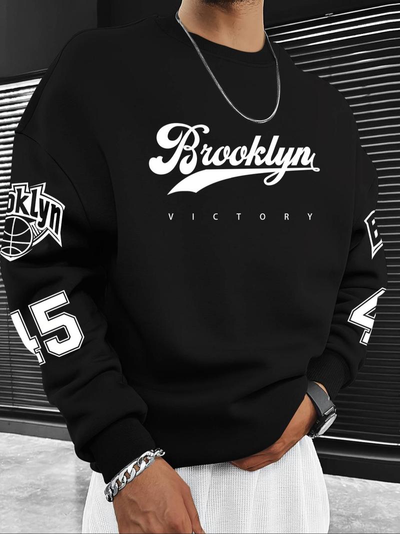 Men's Hot Selling Letter Number Print Fleece Pullover Sweatshirt, Casual Fall & Winter Round Neck Top, Thick Fabric, Fitted Style