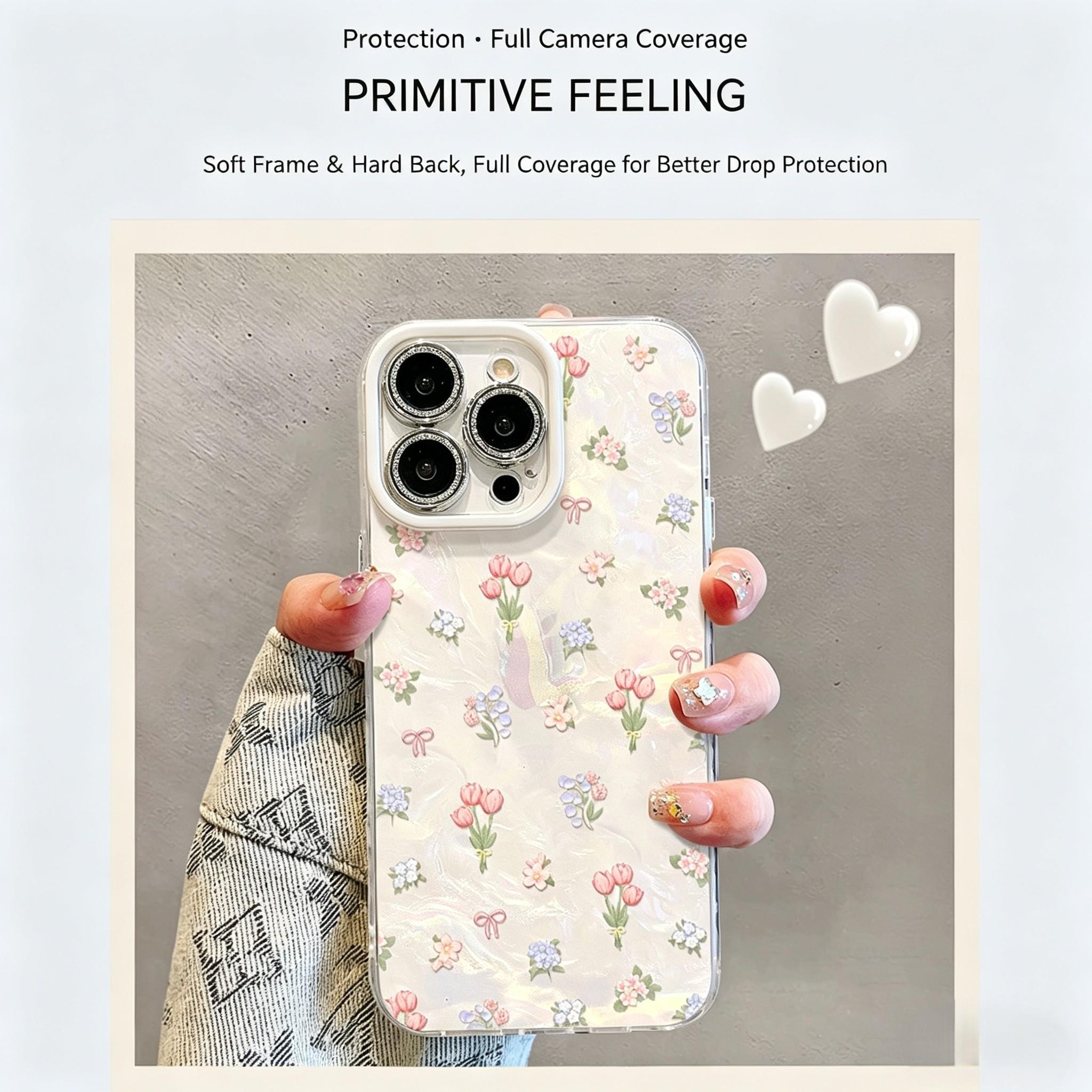 Cute Floral Phone Case with Wrist Strap for iPhone 17 /Pro Max, Acrylic Aesthetic Shockproof Cover with Bling Camera Lens Protector, Clear Glitter Flower Case for Women Girls