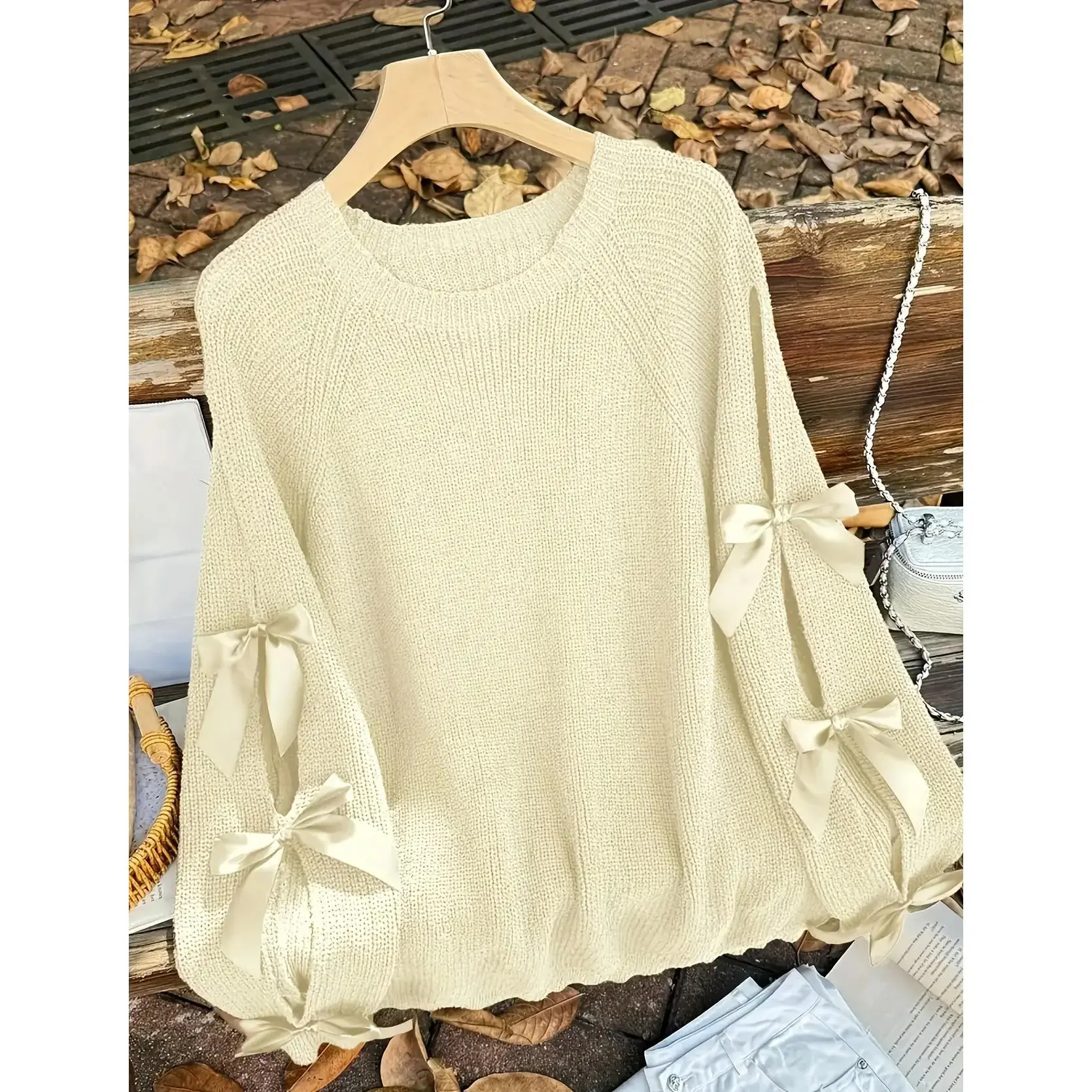 Women's Pullover Sweater, Solid Color Long Sleeve Top, Bow Design