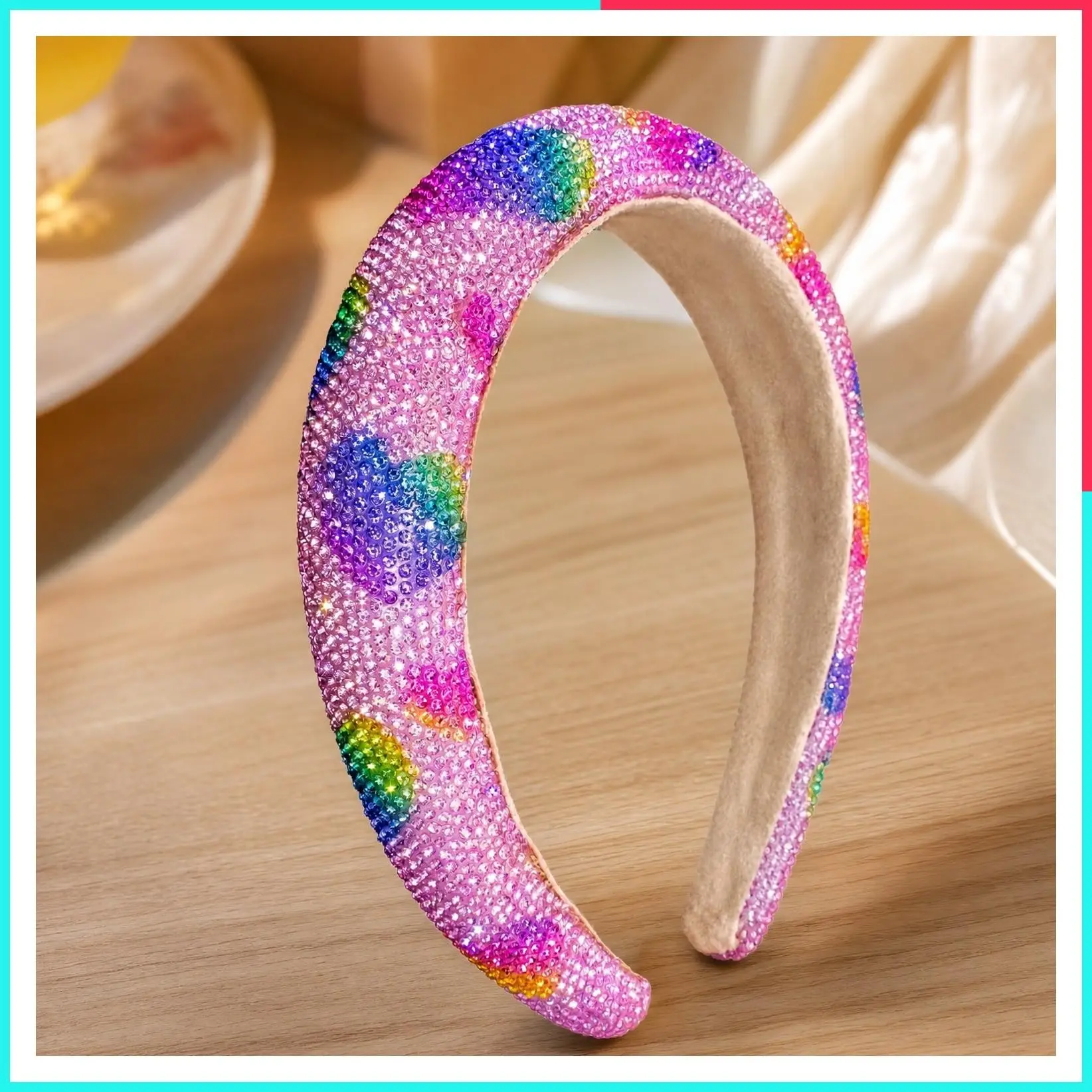 Padded Rhinestone Headbands for Girls - Rainbow Heart Toddler Hair Accessories, Sparkly Kids Hair Bands, Cute Valentine's Day Headband for Back to School