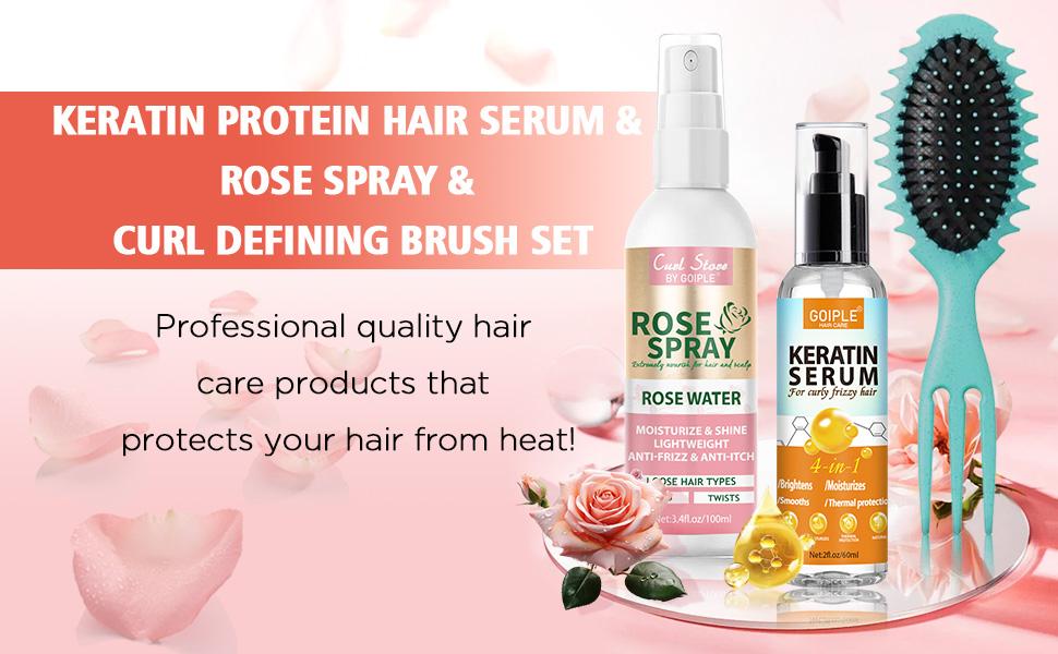 Keratin Hair Serum and Rosewater Spray for Anti-Frizz and Smooth Hair - Curl Defining Brush for Curly Haircare Daily Comfort  Blend