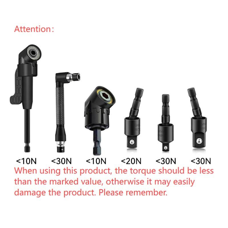Right-Angle Drill Bit Accessory Set(6pcs), Including 3x 360° Rotatable 1/4", 3/8" & 1/2" Impact-Grade Socket Adapters, 2x 105° Hex Shank Angle Adapters & 90° Right-Angle Drill Bit, Heavy-Duty Tool Kit