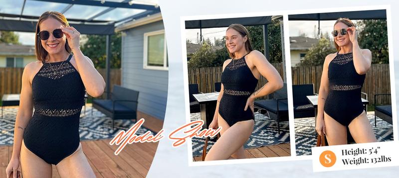 Holipick Lace Women High Neck One Piece Swimsuit Sexy Crochet Bathing Suit Tummy Control Swimwear