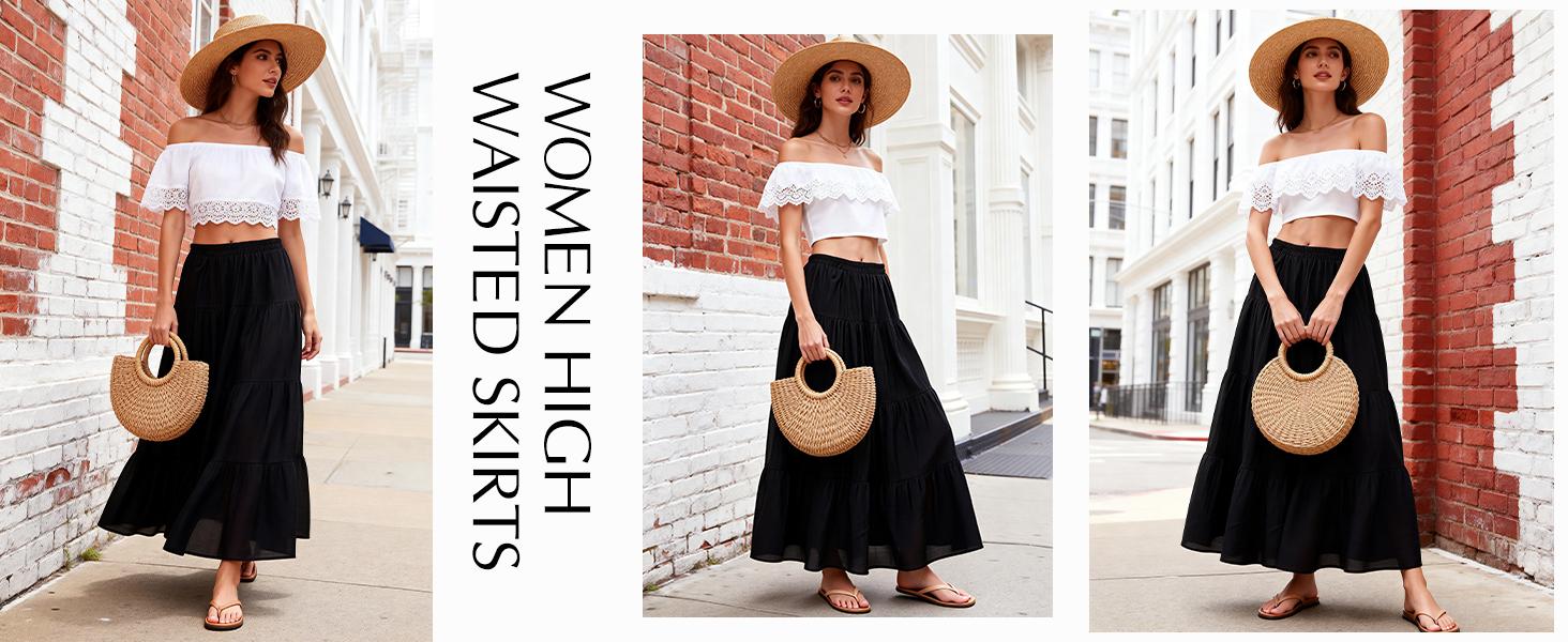 Flowy Maxi Skirts for Women Summer Tiered Boho A Line Skirt Pleated High Elastic Waisted Flared Ruffle Long Skirts