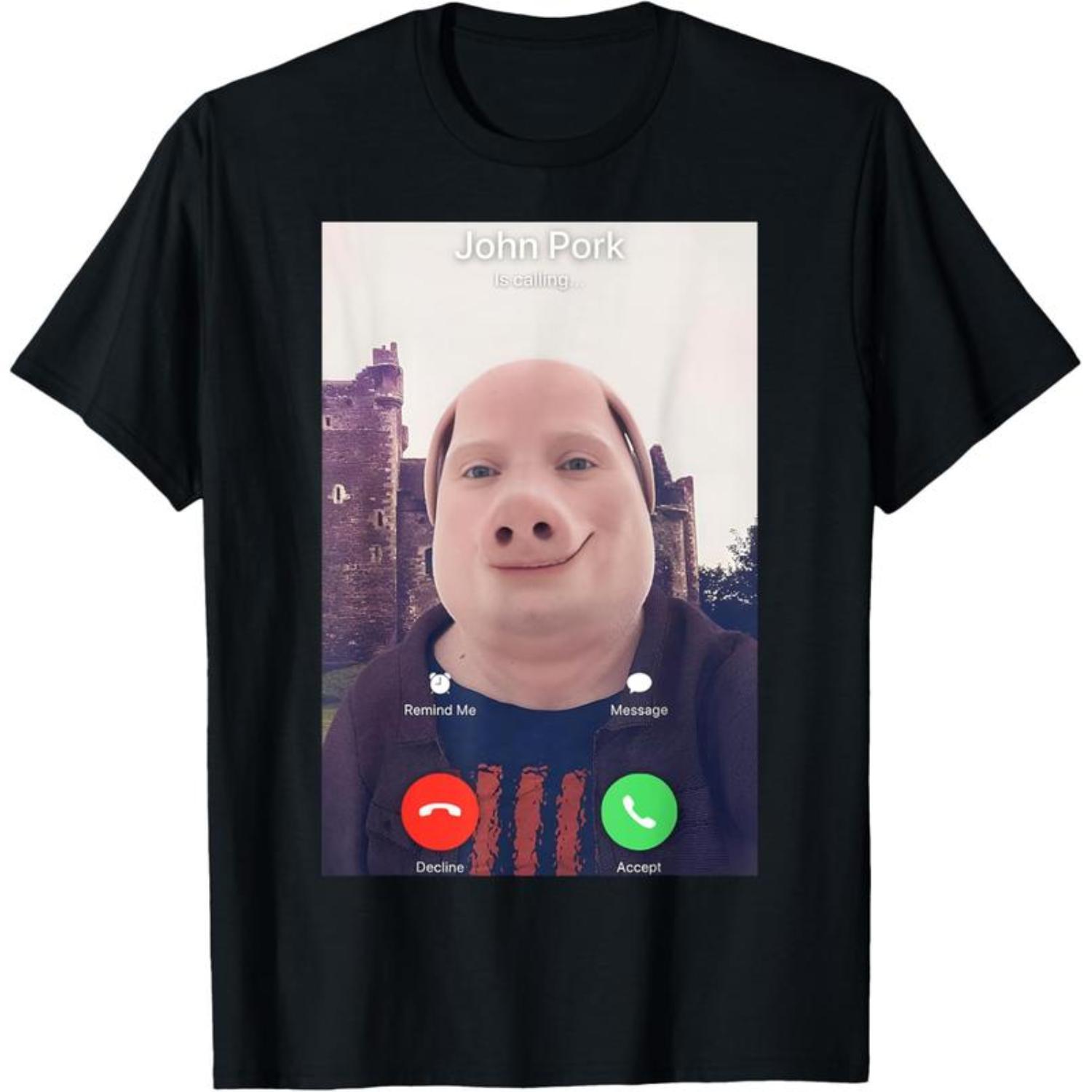 Absurd John Pork Viral Meme Graphic T-Shirt, Classic Incoming Call Interface Printed Casual Short Sleeve Cotton Tee, Trendy Weird Internet Humor Aesthetic Apparel, Casual Daily Street Wear Top, Unique Wardrobe Essential Shirt,summervibes