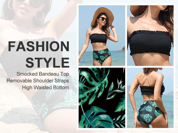 Yonique Women's Bandeau Bikini Set Two Piece Smocked Swimsuits Ruffle Off Shoulder Bathing Suit with High Waisted Bottoms