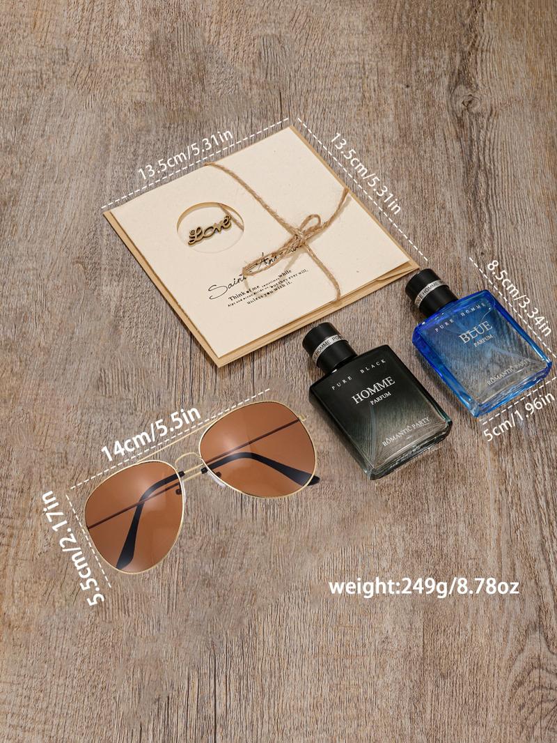 Luxury Men's Watch Set, Stainless Steel Quartz Watch + Perfume + Glasses, Perfect Gift for Birthday & Valentine's Day, Includes Card & LED Light