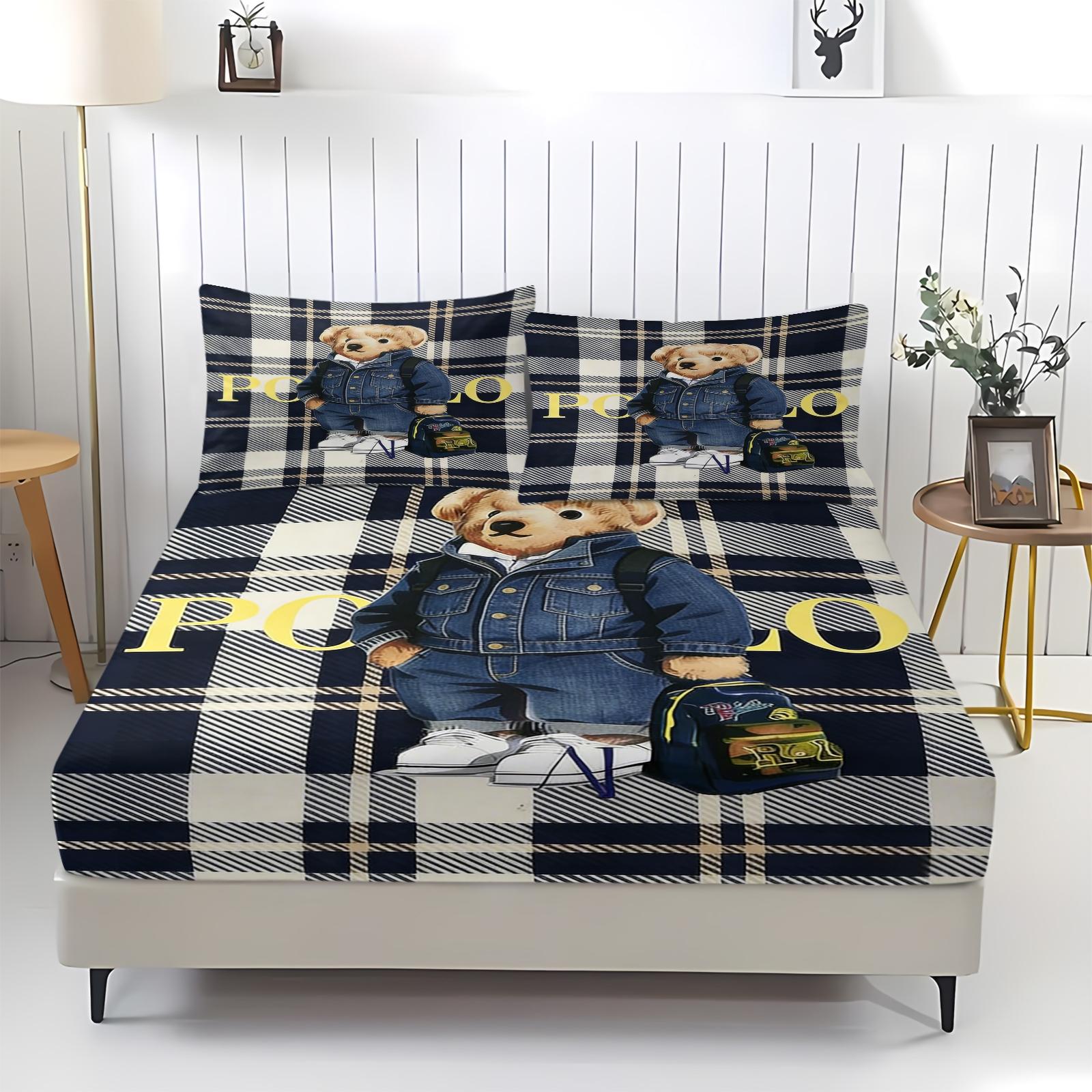 Teddy Bear Pattern Bed Sheet, Comfortable Printed Pattern, Includes 1 Bed Sheet and 2 Pillowcases, Comfortable Bedding, Non slip Dust Cover Suitable for Bedroom and Guest Room, Suitable as a Gift for Children or Adults