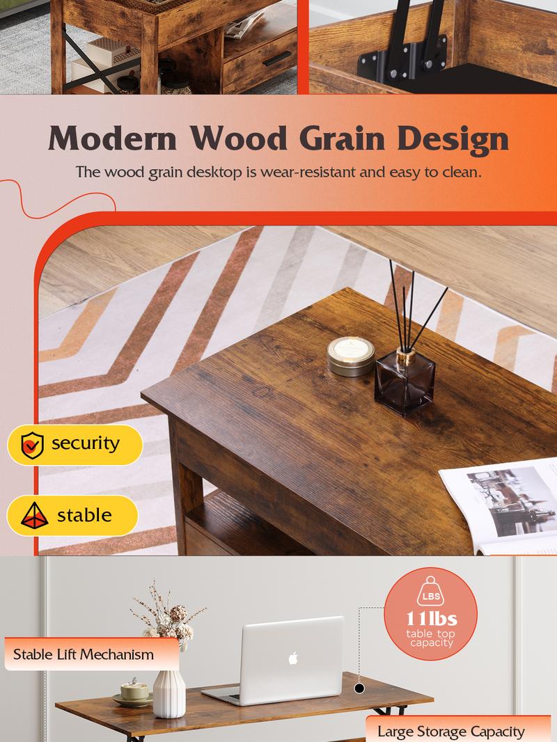 WLIVE Lift Top Coffee Table with Hidden Compartment, Storage Drawers and Storage Shelf for Living Room and Reception Room