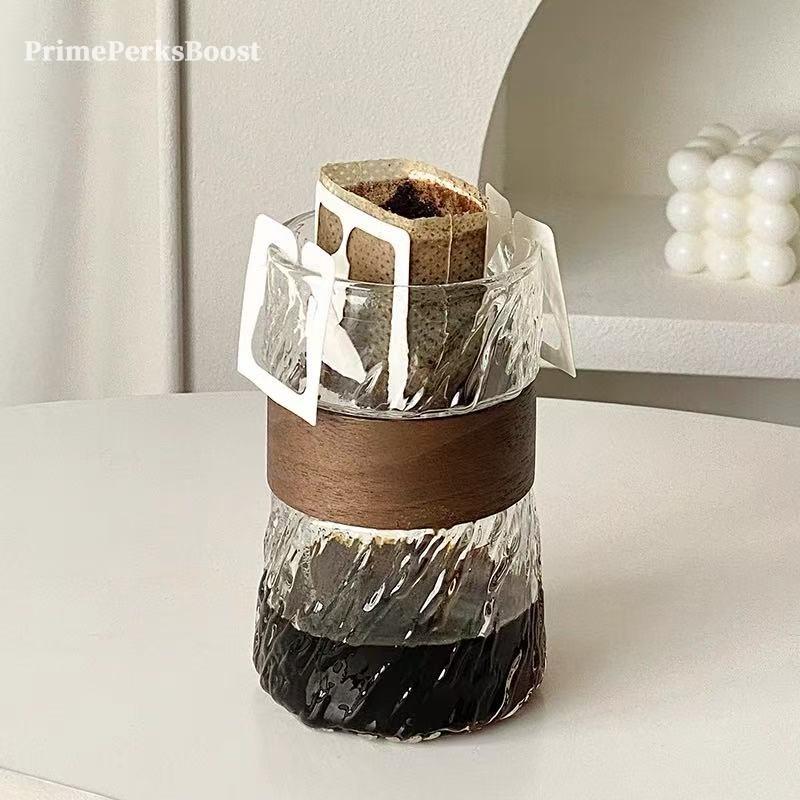 Aesthetic Glacier Textured Borosilicate Glass Tumbler with Wooden Sleeve, Thickened Heat Insulated Coffee Cup, Food Grade BPA Free, Easy Clean, Dishwasher Safe for Iced Coffee Whiskey,Home Office Bar Daily Use, Housewarming Birthday Gift for Coffee Lovers