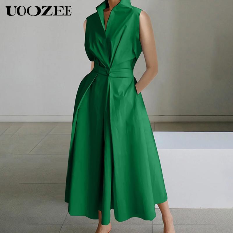 UOOZEE women's long-sleeved loose solid color lapel midi dress, waist design, comfortable and elegant, a must-have for commuting and formal occasions Midi Cloth, with pockets Modest Clothes SpringStatements