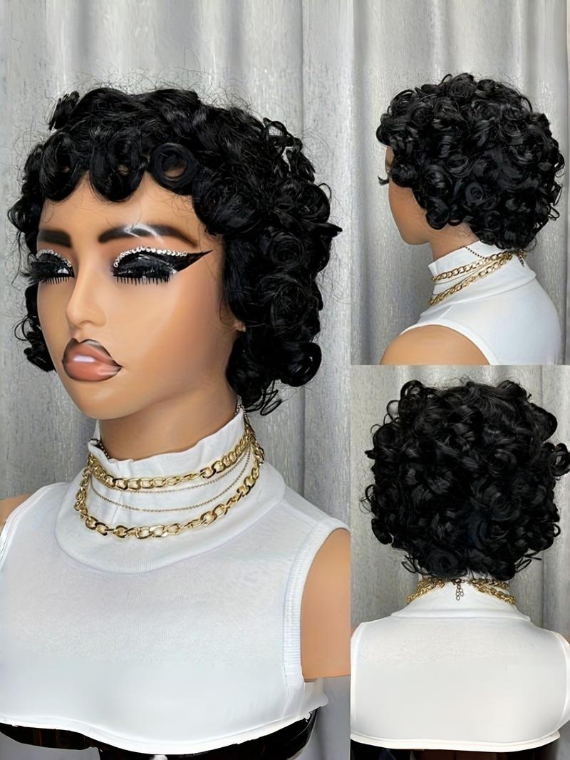 Women's Short Curly Bob Wig, 8-Inch Chicken Rolls Human Hair Elf with Bangs, Full Machine Made, 180% Density, Natural Loose Waves Women's Short Curly Bob Wig, 8-Inch Chicken Rolls Human Hair Elf with Bangs, Full Machine Made, 180% Density, Natural Loose Waves