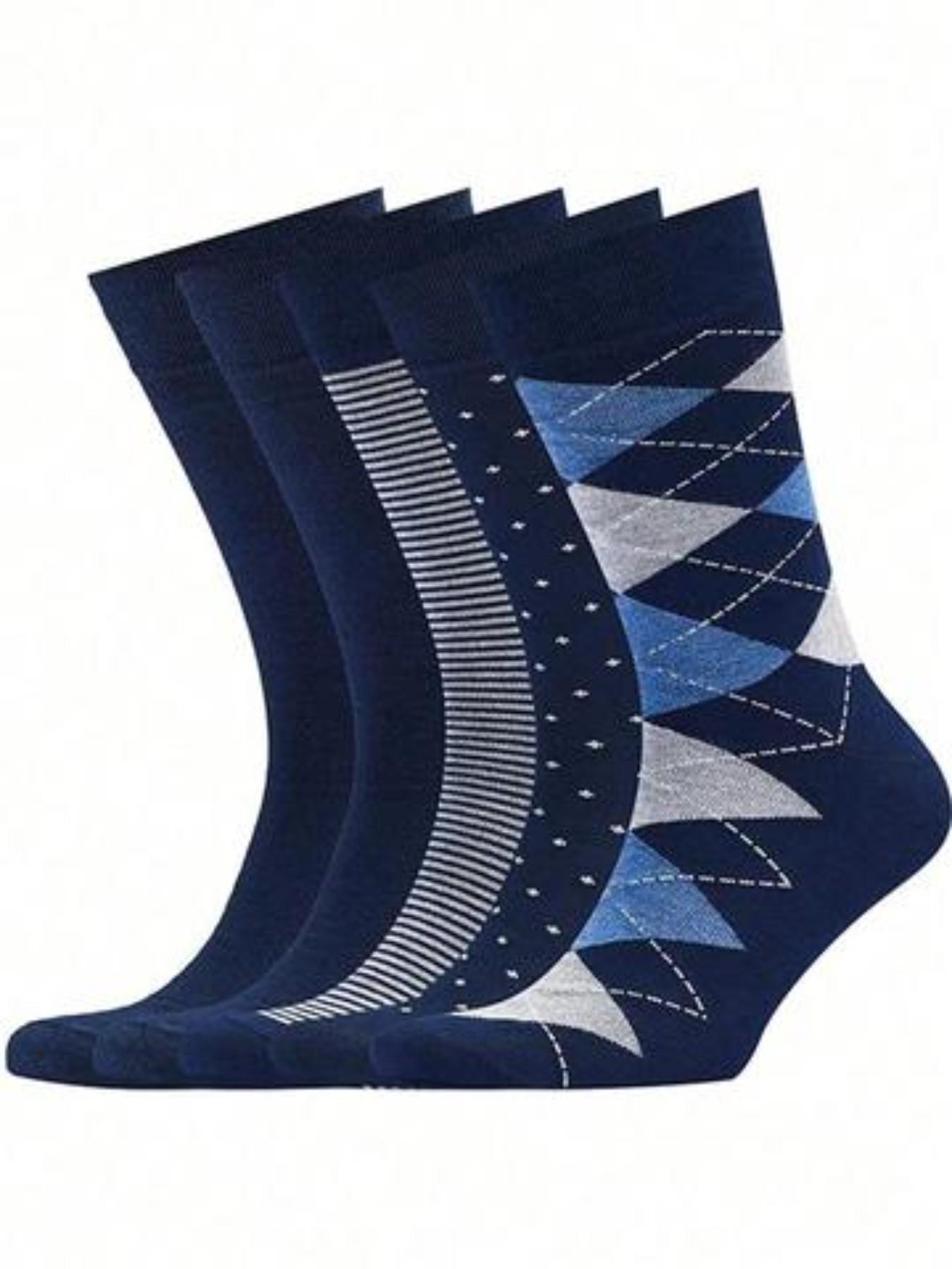5 Pairs Men's High-Cut Solid Socks, Business Style Premium Sports Socks, Long Cuff Checkered Socks, Comfortable Breathable All-Season Socks