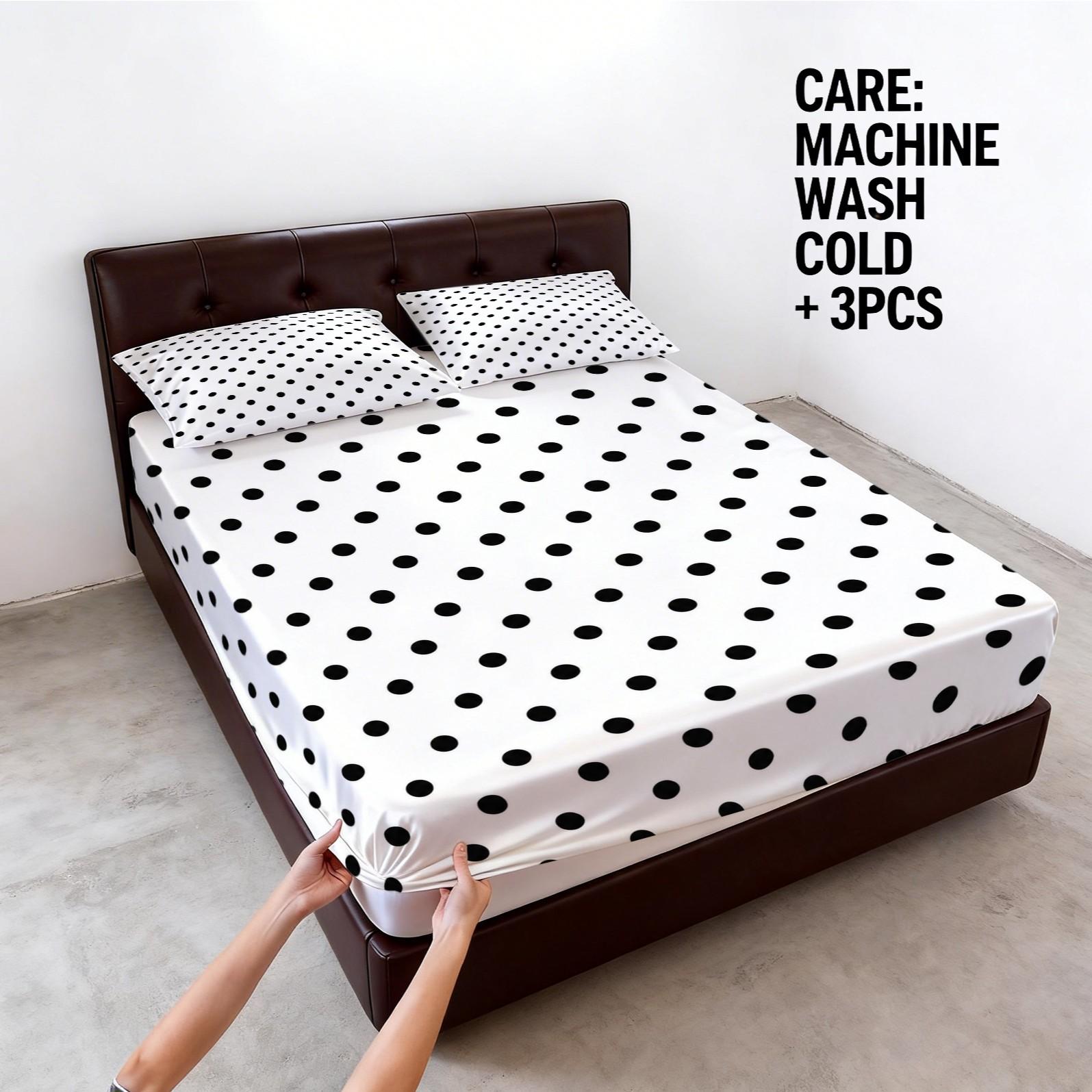 Polka Dot Fitted Sheet Set, 3 Pieces (1 Fitted Sheet + 2 Pillowcases, No Pillow Insert Included), Classic Minimalist Style, Breathable and Comfortable Fabric, Suitable for Teens and Adults Bedroom Decor, Perfect for Family Use