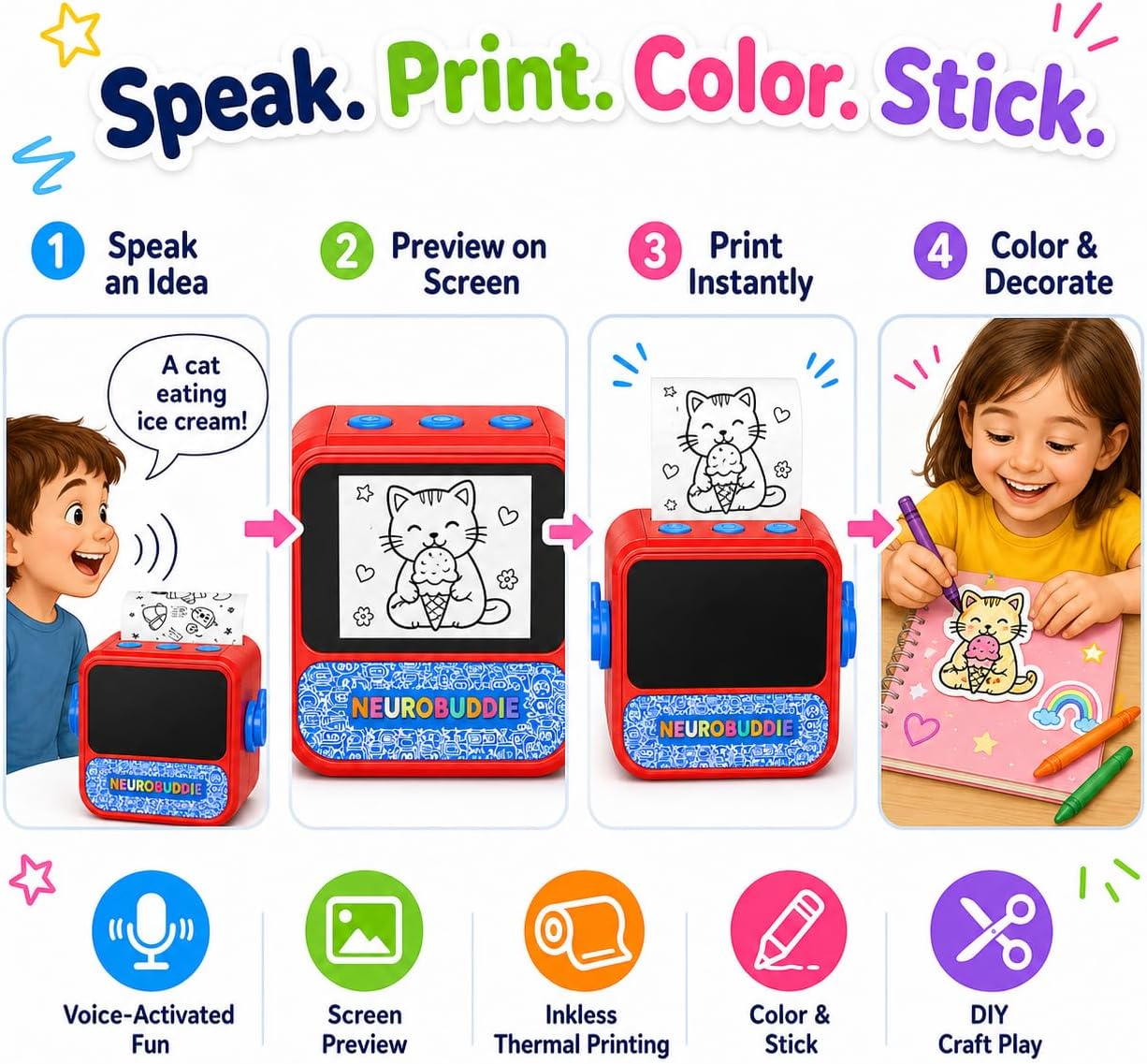 AI Sticker Printer for Kids Voice Activated Sticker Maker with Screen Portable Inkless Thermal Printer for Coloring Stickers  Craft Toy