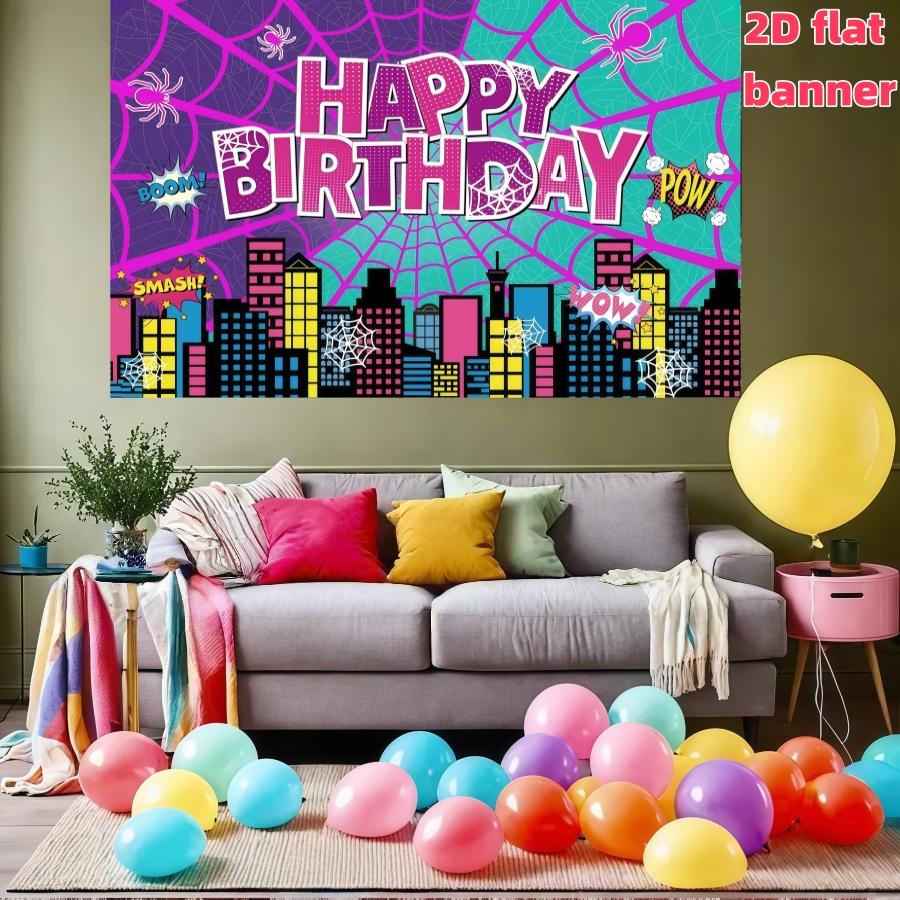 Pink Spider Web Happy Birthday Photography Background, City Skyline Architectural Background Photo Booth Prop, Polyester Material, Suitable for Photo Booth, Party, Birthday, Celebration, and Indoor/Outdoor Family Birthday Party Decoration