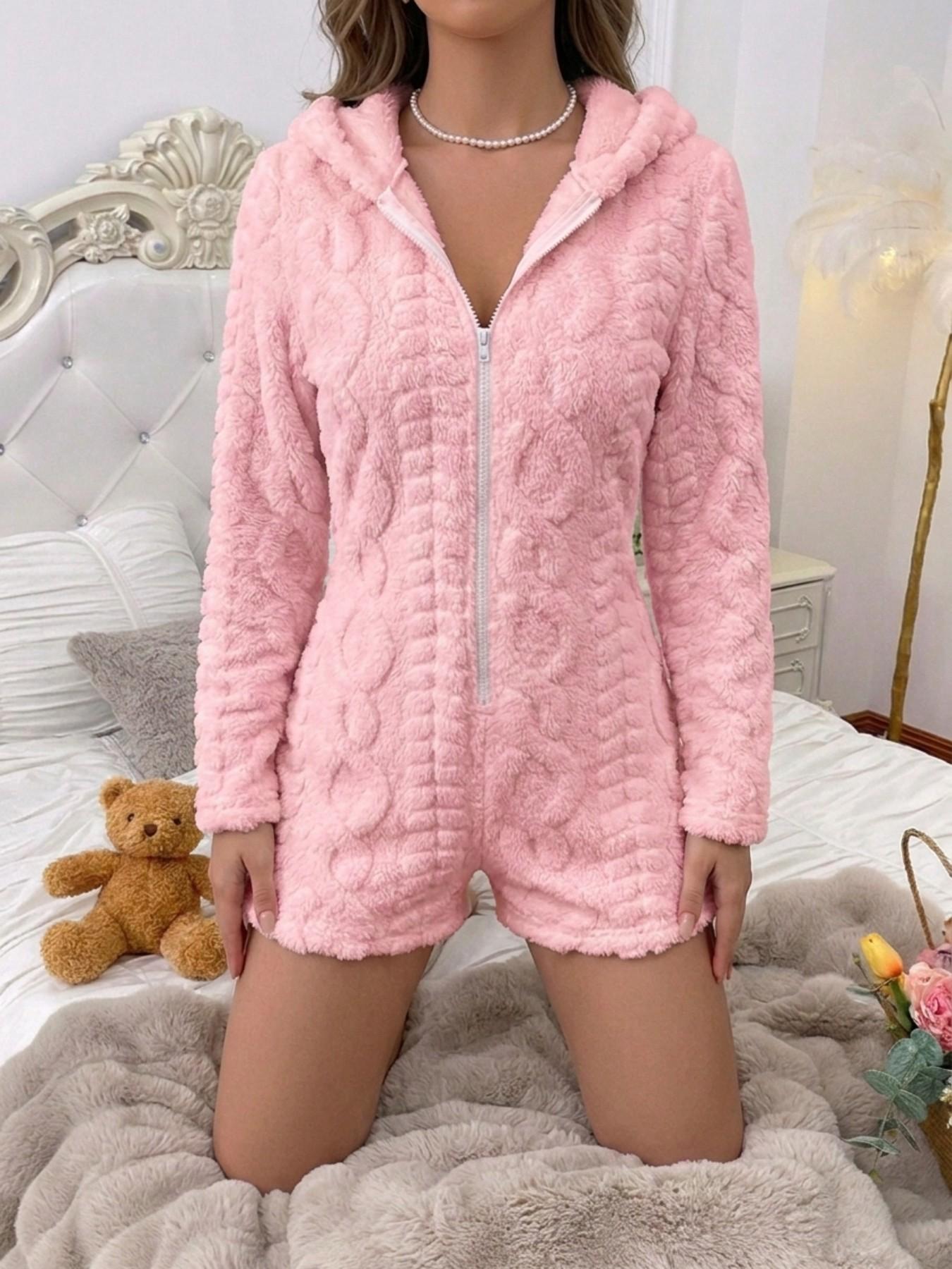 Women's Cozy Teddy Fleece Romper, Hooded Plush Pajama Jumpsuit, Soft Warm Loungewear, Halloween Christmas Gift, Casual Slim-Fit