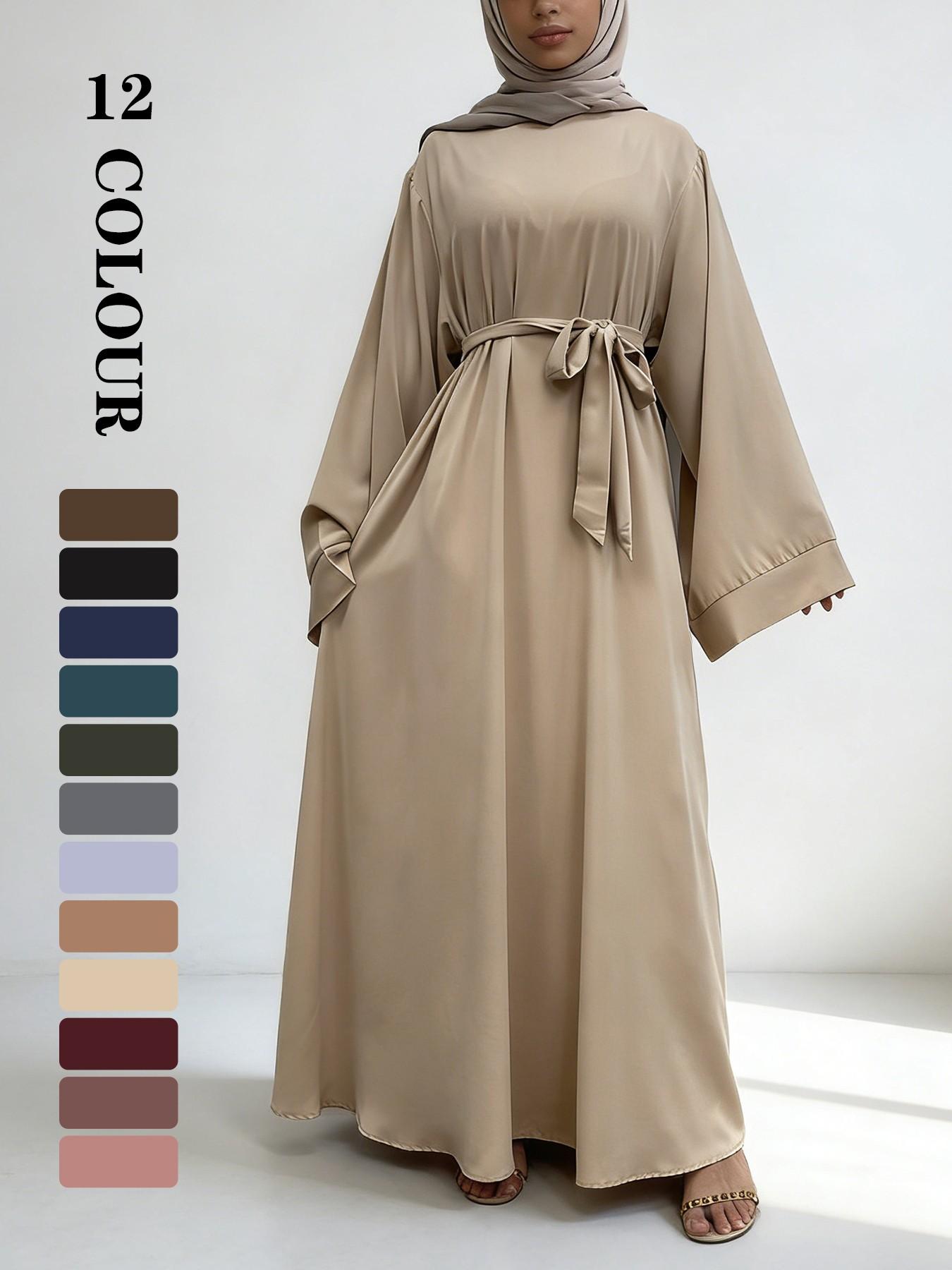 Muslim Modest Fashion Simple Nida High-Quality Long Sleeve Wide Sleeve Dress with Waist Belt, No Hijab Included, 12 Colors, 5 Sizes Available EID Ramadan Dress, Muslim Evening Dress