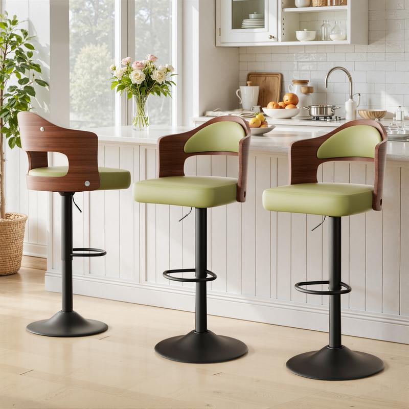 Swivel Bar Stools Set of 2 Seat Adjustable Height 24.5-33.5IN, Wooden Barstools PU Leather Upholstered Bar Chairs with Back & Footrest for Bar Kitchen Dining Room