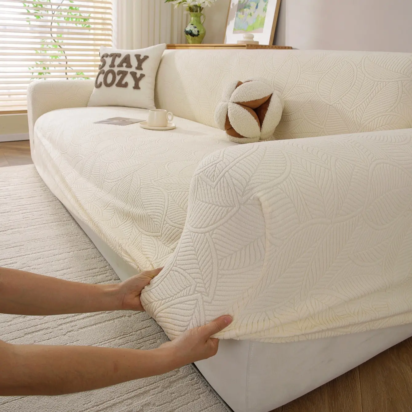 Elastic Jacquard Sofa Cover, Solid Color Minimalist Style, Leaf Pattern, Pet-Friendly, Anti-Slip, Stain-Resistant, Scratch-Proof, Fits 1-4 Seater Sofas