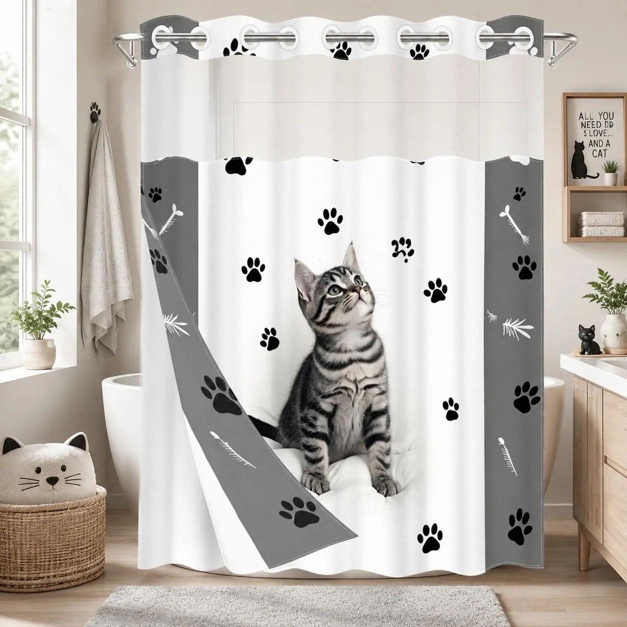 1pc hookless shower curtain with liner, black, white, and gray cat paw decorative design 2D flat printing, fabric waterproof liner, shower curtain with see-through window, double-layer shower curtain, 71 x 74 inches, modern home curtain decoration