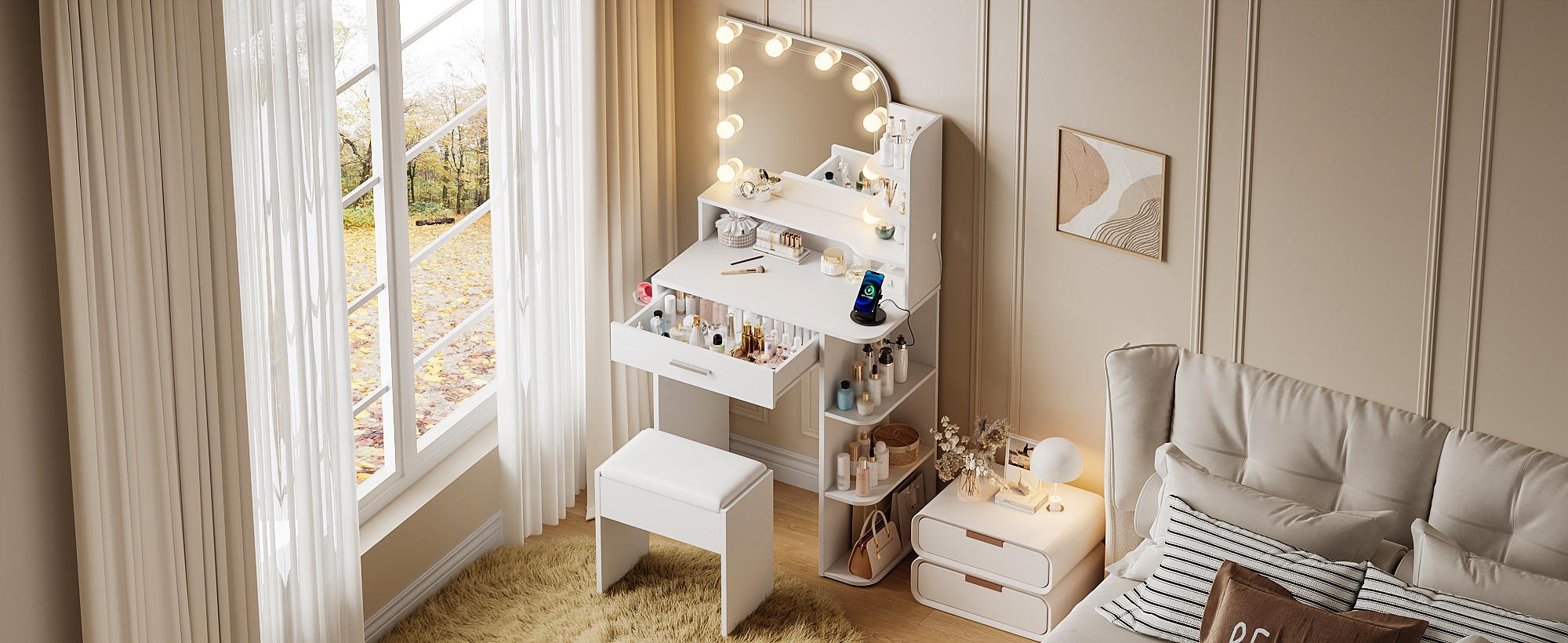 Linor Small Makeup Vanity Desk with Mirror and Lights, 26.4 Small Vanity for Small Space with Stool and Charging Station, Compact Vanity with 3 Color Lighting Modes (White)