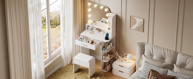 Linor Small Makeup Vanity Desk with Mirror and Lights, 26.4 Small Vanity for Small Space with Stool and Charging Station, Compact Vanity with 3 Color Lighting Modes (White)