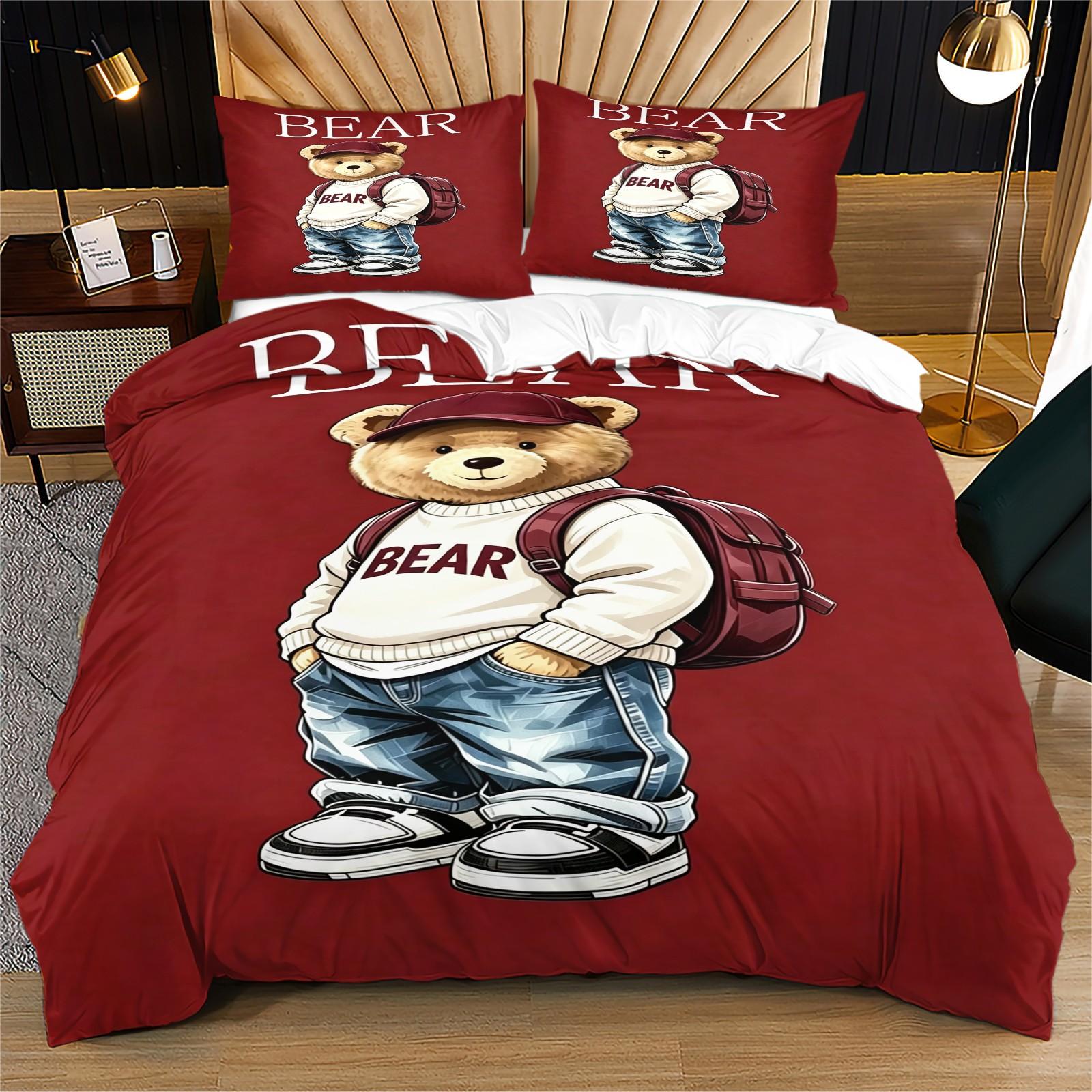 Handsome teddy bear printed pattern duvet cover set, including 1 duvet cover and 1 or 2 pillowcases, without a core or pillow, suitable for bedroom or dormitory bedding set, suitable for gift giving or personal use, Bedroom Decor
