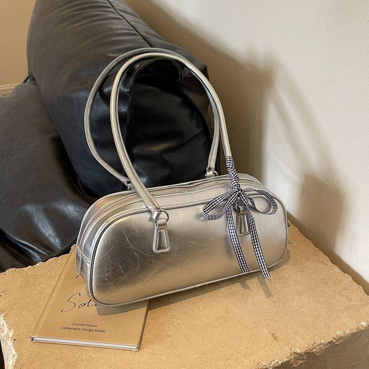 Vintage Waxed Leather Bowknot Baguette Bag, Luxury Commute Underarm Shoulder Bag, Versatile Texture Handbag, Korean Style Ins Fashion Bag for Women