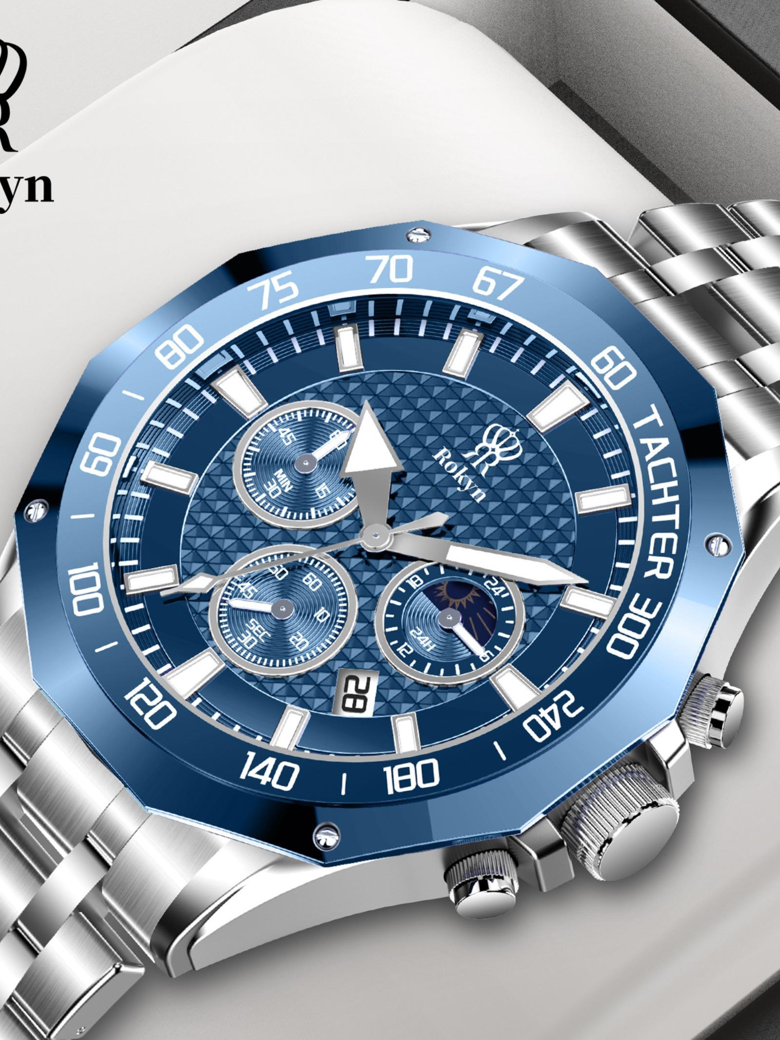 Rokyn Multifunctional Steel Band Quartz Watch, Waterproof Night Glow Moon Phase Timer, Men's Three Eye Six Needle Wristwatch