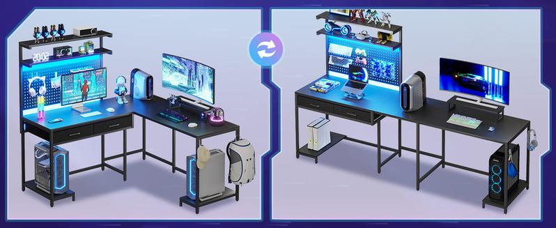 SEDETA L-Shape Gaming Desk Computer Desk with LED Lights Hanging Panel and Drawer with Brackets and Storage Shelves Home Office Corner Desk Modern