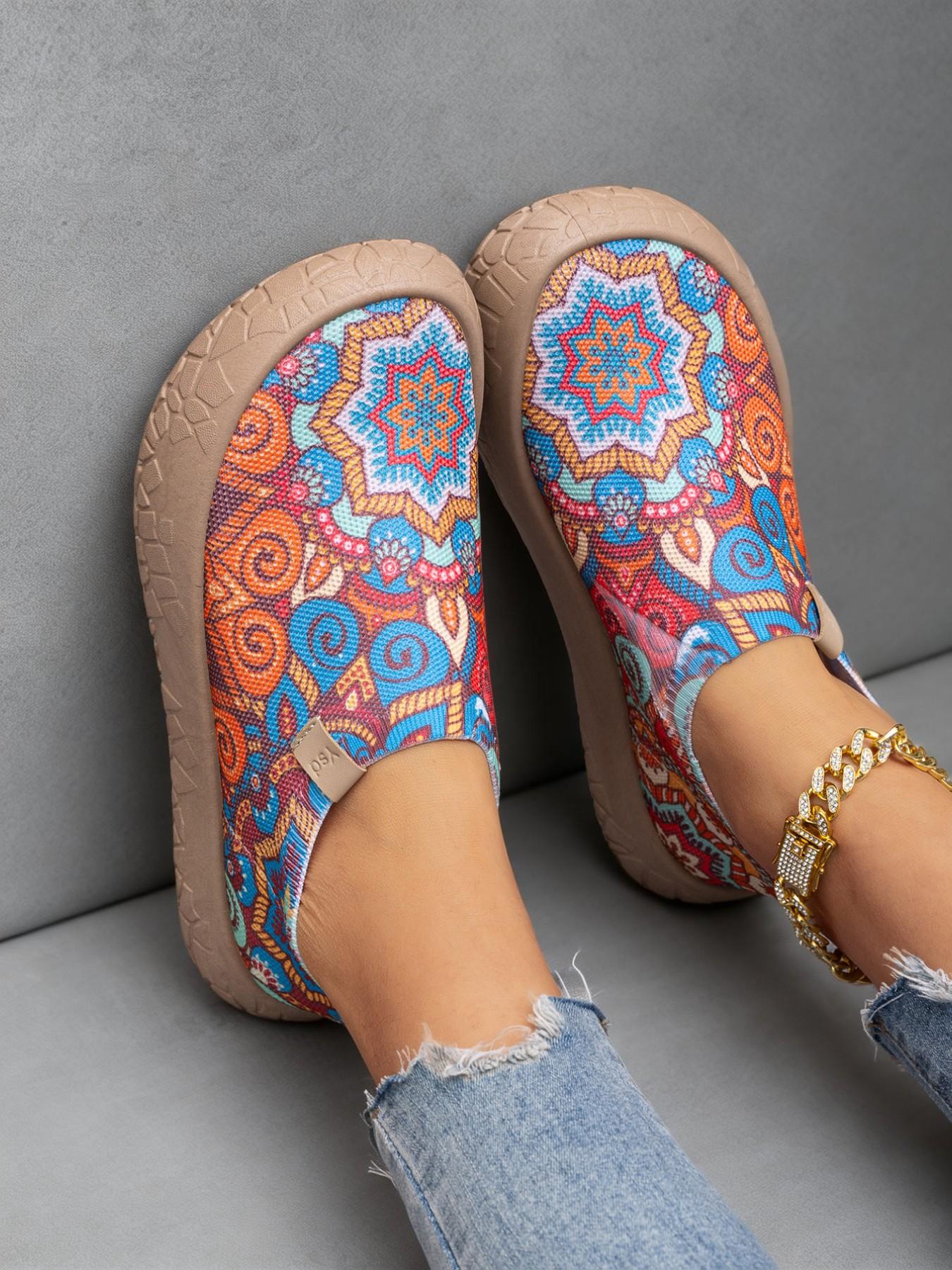 2026 New Women's Casual Shoes, Boho Print Sneakers, Slip-On Flat Shoes, Lightweight Soft Sole, All Seasons, Textile Upper, PVC Sole