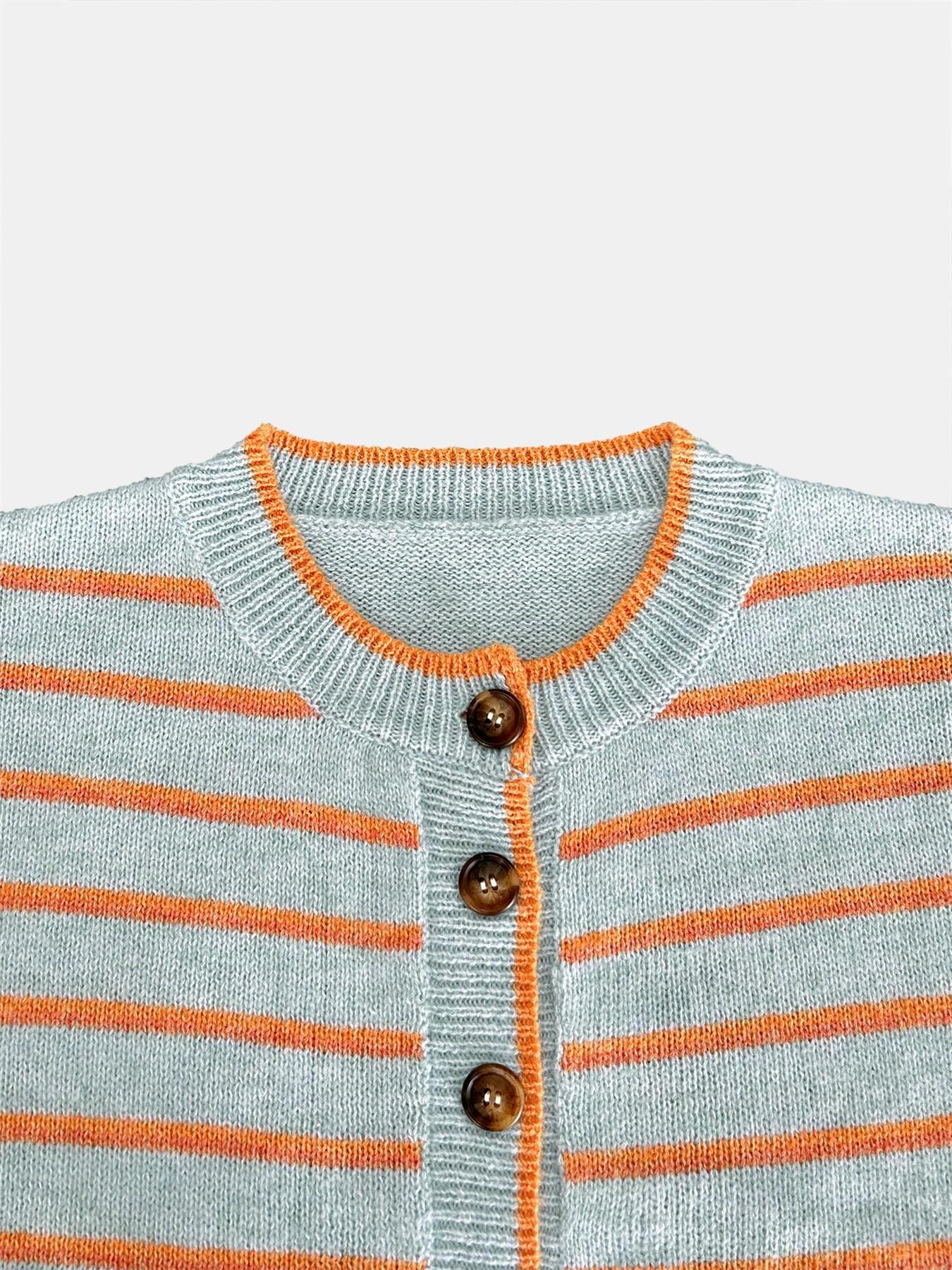 Women's Round Neck Drop Shoulder Single-Breasted Contrast Stripe Long Sleeve Fall/Winter Casual Fashion Loose Versatile Knit Cardigan – Urban Commute, Retro Street Sweater Wear