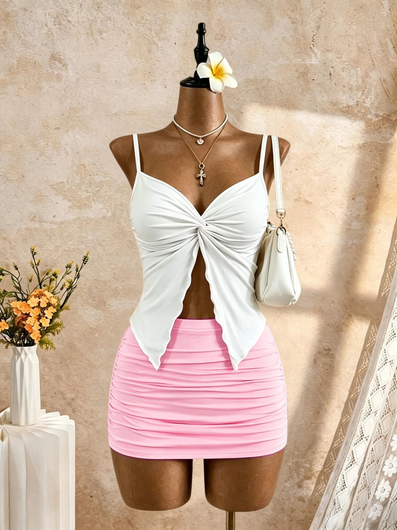 Women's Aesthetic Solid Color Knot Front Halter Top + Pleated Bodycon Mini Dress Set, Outfit, Sleeveless Thin Straps Hollow Out Design, Nightclub Party
