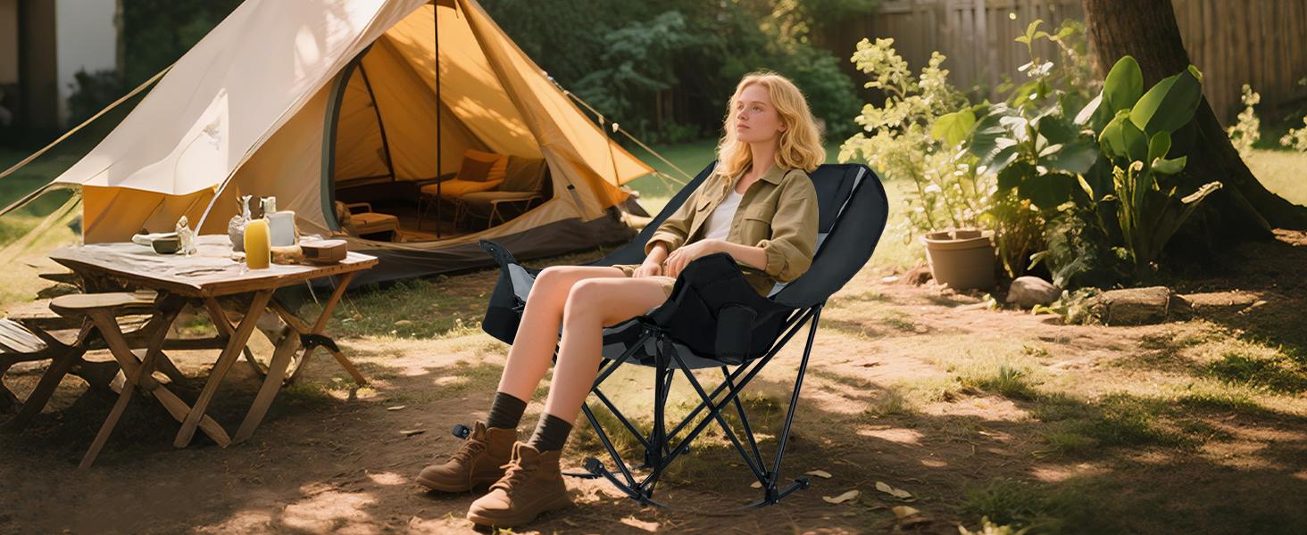 SLSY XXL Oversized Rocking Camping Chair for Adults, Fully Padded Folding Outdoor Lawn Chair with Cooler Bag & Side Pocket, Supports 400 lbs Portable Recliner