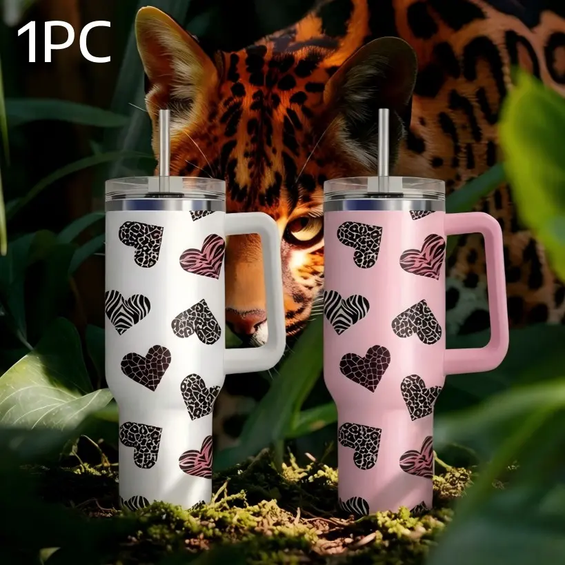 40oz Stainless Steel Vacuum Insulated Water Bottle with Handle and Straw, Leopard Heart Design, Fashionable Travel Cup for School and Car Use