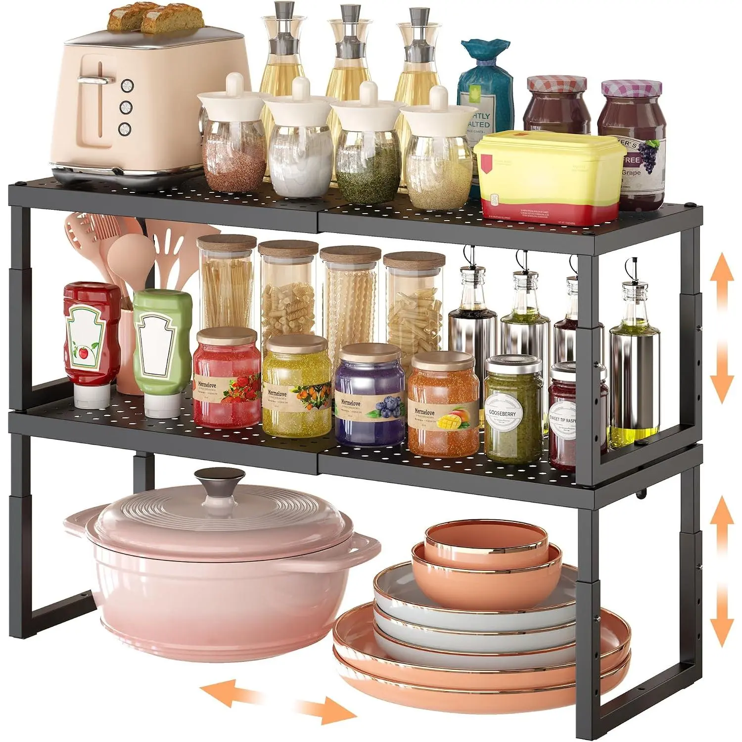 Expandable-Stackable-Shelf-Organizer-For-Cabinet Pantry Closet,Kitchen Counter Shelf With Adjustable Height, Metal Storage Shelf Riser  Rack For Cupboard Countertop