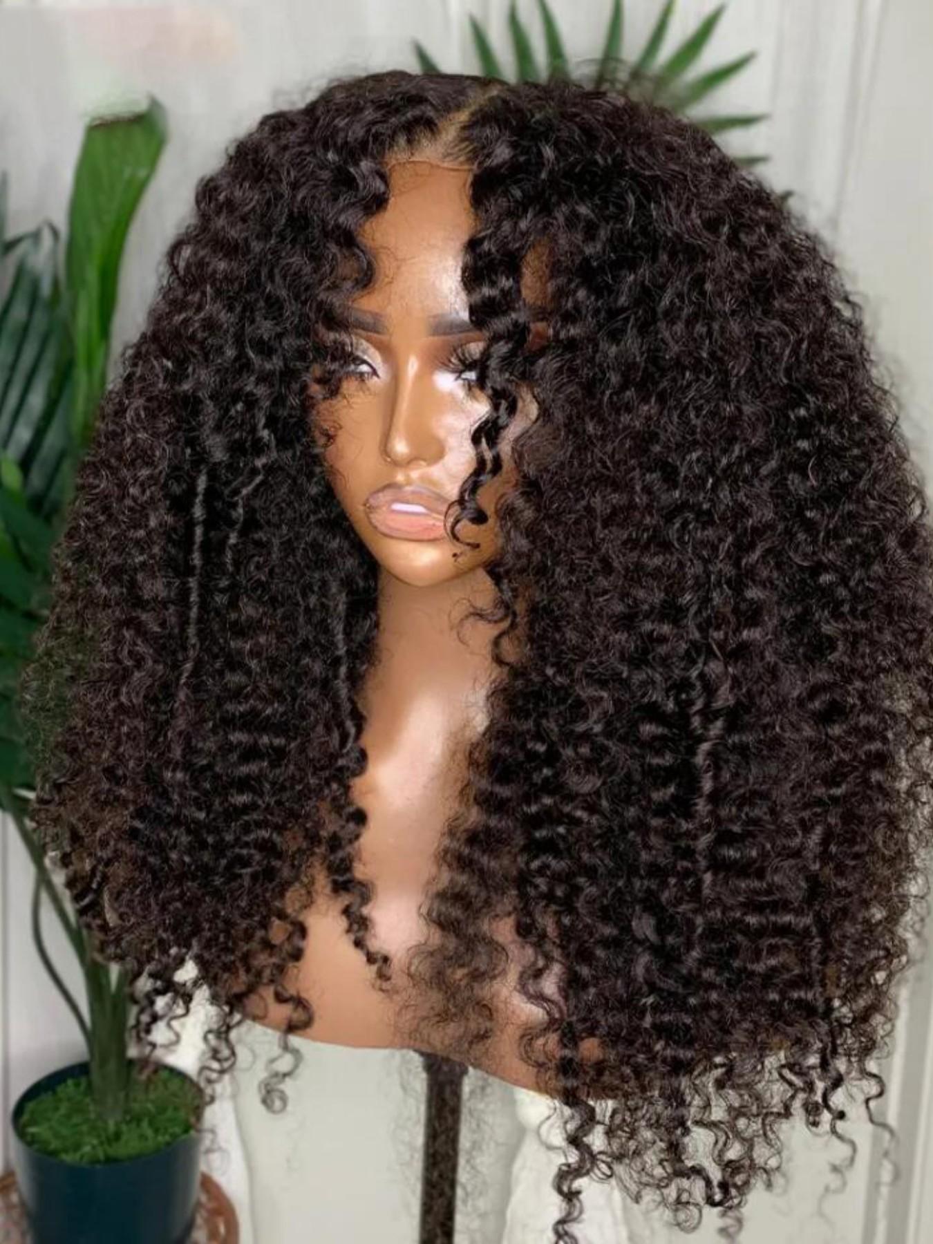 Soft Long 26-Inch 180 Density Natural Black Kinky Curly Lace Front Wig, Glueless Pre-Plucked Synthetic Heat Resistant Daily Wear Hairpiece Kinky Curly Wigs Lace Frontal Wigs