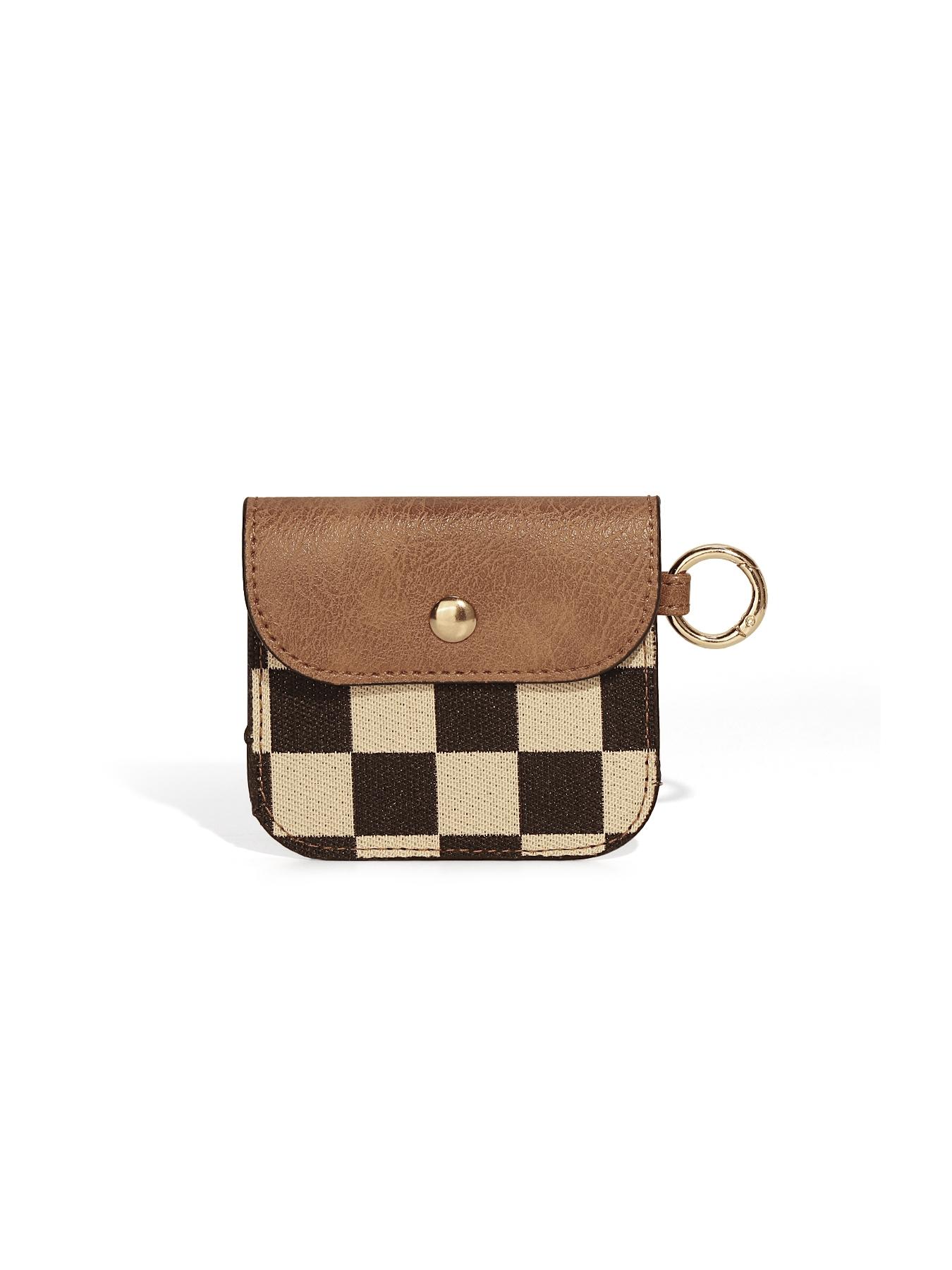 Checkered Small Coin Purse , Mini Earbud Case with Carabiner, Portable Earphone Case Headphone Protective Storage Pouch Bag, Earbud Holder