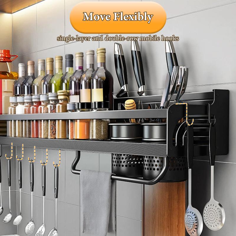 Raybee Storage Spice Rack, Space-Saving Wall-Mounted Kitchen Spice Rack, No-Drill Needed, Carbon Steel Shelf Kitchen Organizer, Spice Jar Organization with Hooks, Perfect for Utensils, Lids, and Seasoning Jars