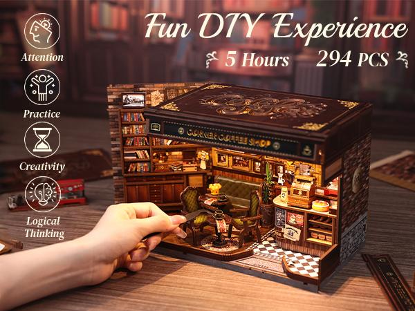 CUTEBEE CORNER COFFEE SHOP DIY Wooden Dollhouse Handmade Miniature Room with Furniture & Dust Cover Perfect Black Friday Christmas Gift