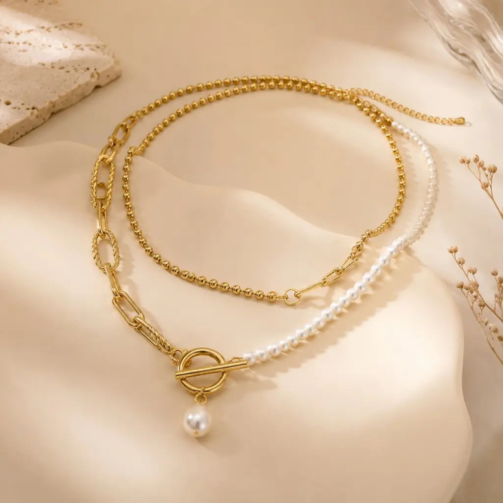 Women’s 3-in-1 Convertible Detachable Multi-Layered Beads & Pearls Necklace Stack - Electroplated Gold-Tone Zinc Alloy Multi-Strand Chain with Pearl Pendant, Modular Paperclip OT Toggle Clasp Wedding Ready Jewelry for Daily, Ideal Gift for Her