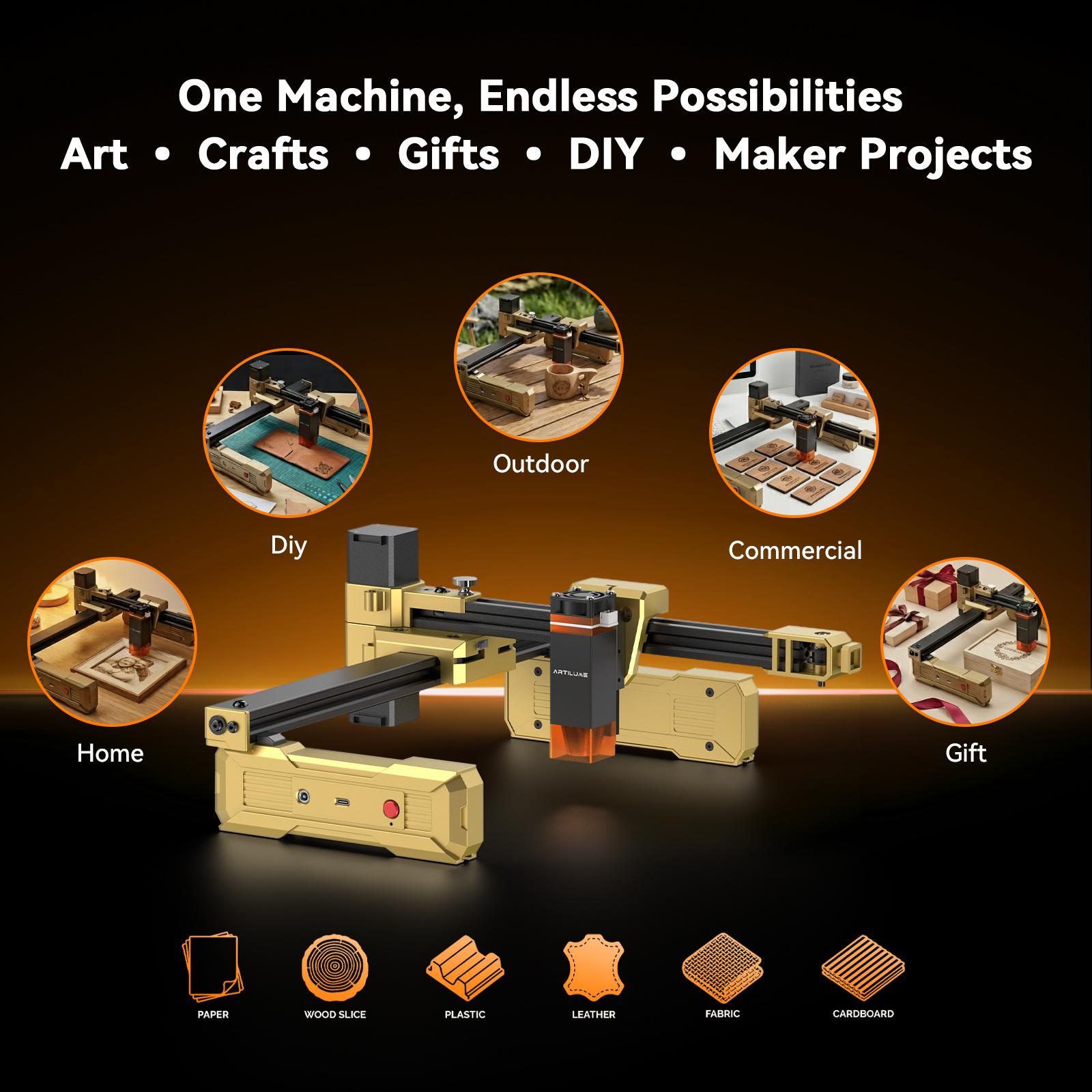 Artilume T1 Foldable Laser Engraver, No Assembly Required, Portable Use Anywhere, 10000mm/min Movement Speed, 0.01mm Accuracy, 200×150mm Working Area for Wood, Leather, Acrylic, and Coated Metal — Ideal for DIY & Small Businesses