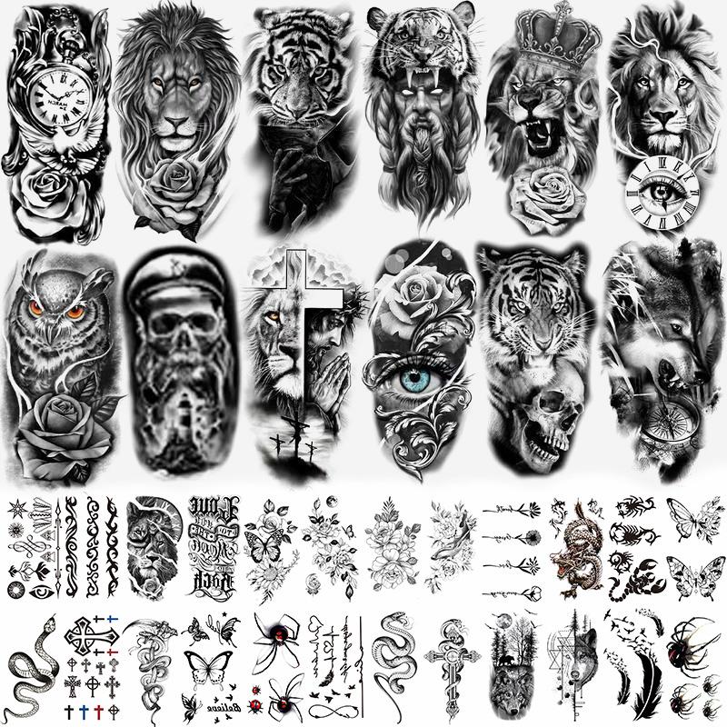 36 Sheets Temporary Tattoos Stickers, 12 Sheets Fake Body Arm Chest Shoulder Tattoos for Men or Women with 24 Sheets Tiny Black Waterproof