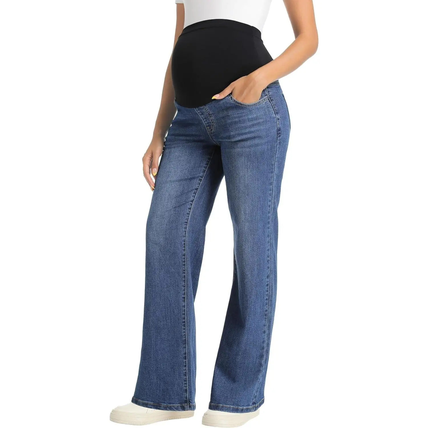 Maternity Jeans Straight Leg Pregnancy Wide Leg Denim Pants | Stretchy, Over Bump, Pockets, Full Panel, Loose Fit, Trendy, Pregnancy jeans for Work, Spring Fall Clothes