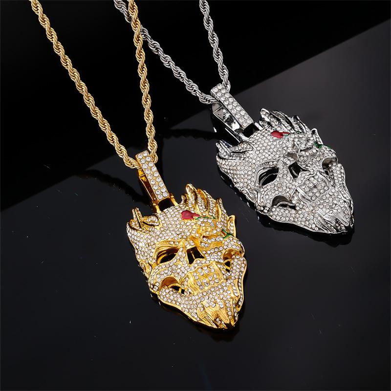 Halloween Skull Hip Hop Necklace Exaggerated Diamond Pendant Cuban Chain Trendy Personalized Accessory for Men Women Gothic Jewelry Gift