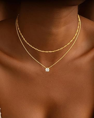 Dainty Gold Necklace for Women Non Tarnish Layered 14k Diamond Pendant Charm Gold Plated Necklaces CZ Trendy Zirconia Chain Choker Necklace Stack Gold Jewelry for Women Birthday Gift